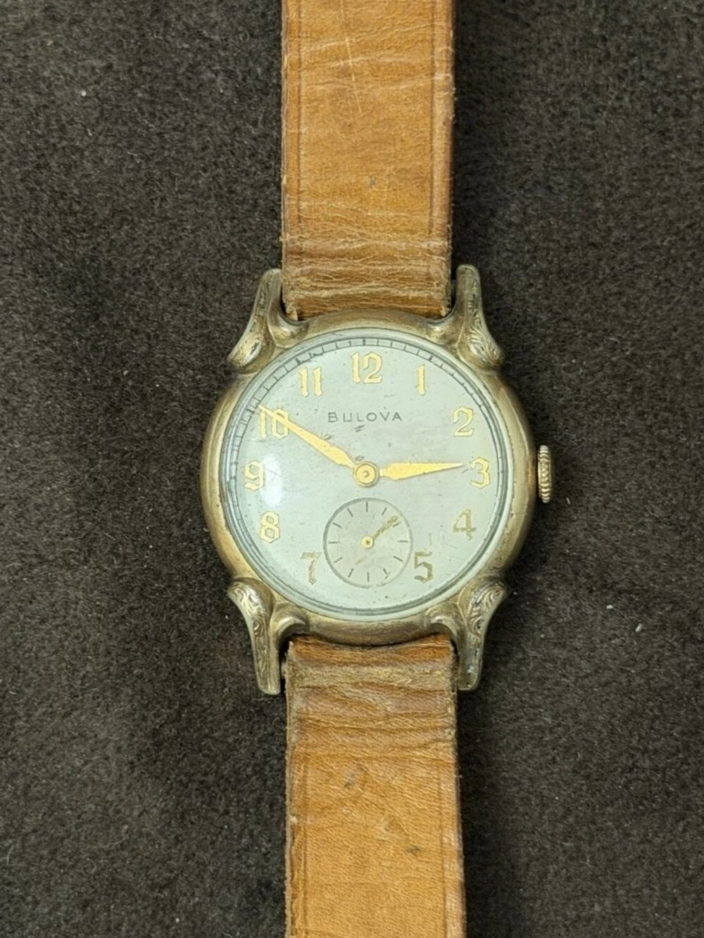 Bulova Vintage 1940s Manual Mechanical Watch Silver Dial Arabic Brown Leather